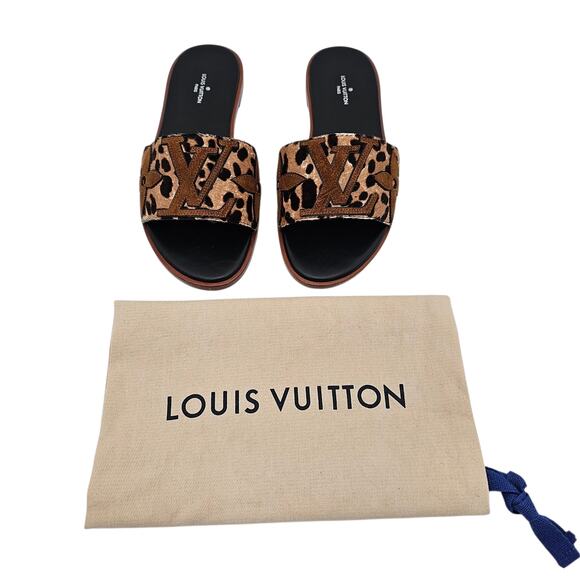Louis Vuitton Lock It Flat Slide Sandal Mule Brown Black Leopard LV Size 36 US 6 - Picture 3 of 11